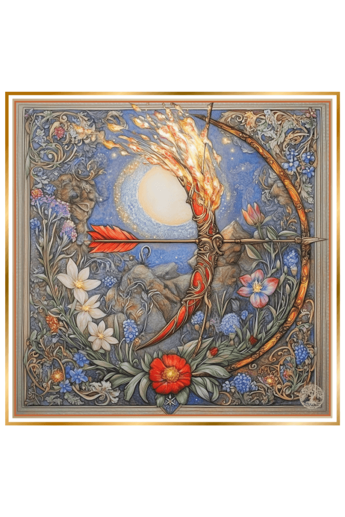 Intricate illustration of Slavic god Lel's symbology, featuring a fiery bow and arrow surrounded by blooming spring flowers under a glowing sun, symbolizing love, passion, and renewal.