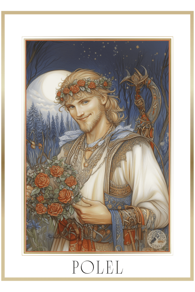 Illustration of the Slavic God Polel, depicted as a young man with a wreath of roses on his head, holding a bouquet of roses in one hand. He smiles warmly, dressed in ornate traditional clothing, standing under a starry sky with a full moon illuminating a mystical forest.