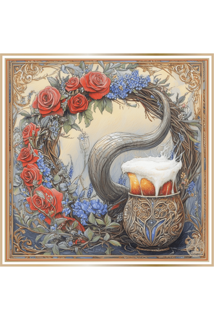 Illustration of the symbology of the Slavic God Polel, featuring a wreath of red roses intertwined with blue flowers and a horn filled with a frothy drink. The ornate wreath and horn symbolize marriage, love, and loyalty.