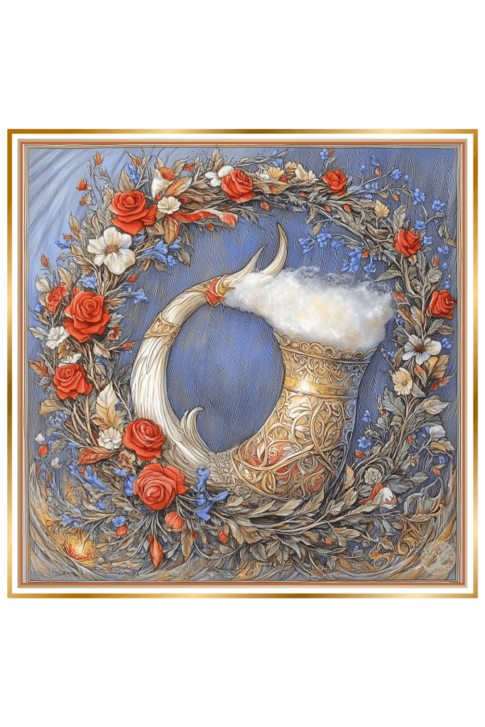 Illustration symbolizing the Slavic God Polel, featuring an ornate horn filled with frothy drink, surrounded by a wreath of red roses, white flowers, and green foliage. The detailed wreath and horn represent marriage, love, and harmony.