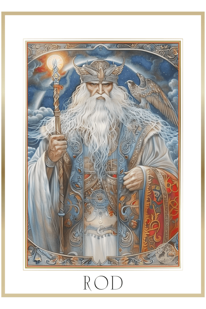 An ethereal depiction of the Slavic deity Rod, embodying creation and the Tree of Life, surrounded by symbols of the sky, thunder, clouds, and agriculture.