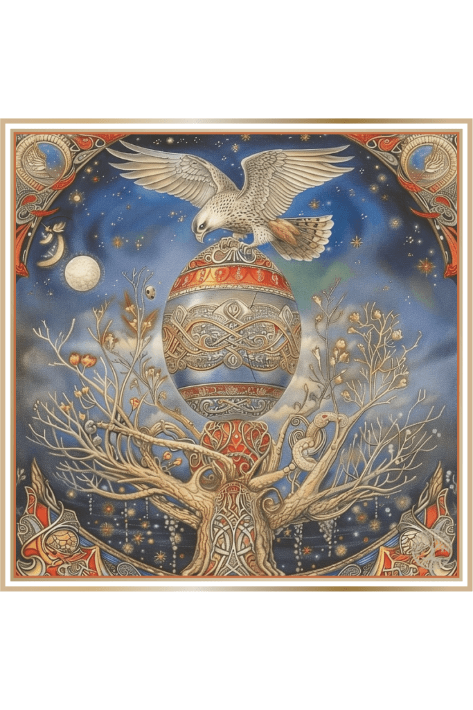 Symbolic representation of the Slavic deity Rod with the Cosmic Egg, Tree of Life, a falcon, grain, and solar rain.