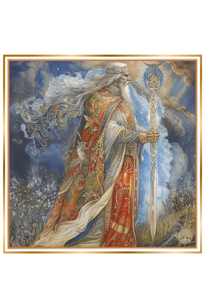 A majestic depiction of the Slavic deity Rod, an ethereal figure surrounded by celestial and natural elements, including the moon, stars, thunder, clouds, and the Tree of Life.