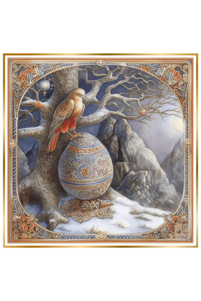 A mystical depiction of the Slavic deity Rod's symbology, featuring the Cosmic Egg and the Tree of Life, set against a celestial backdrop with stars and planets, and a falcon soaring above.