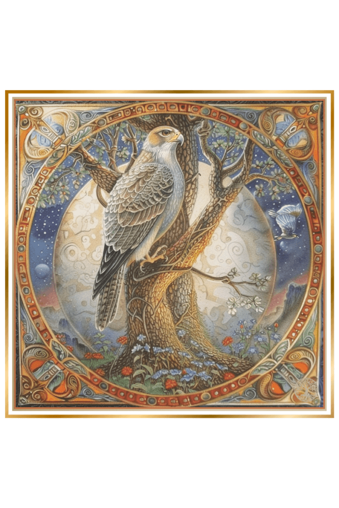 A mystical depiction of Rod Slavic God's symbology, featuring the Tree of Life, set against a celestial backdrop with stars and planets, and a falcon sitting above.