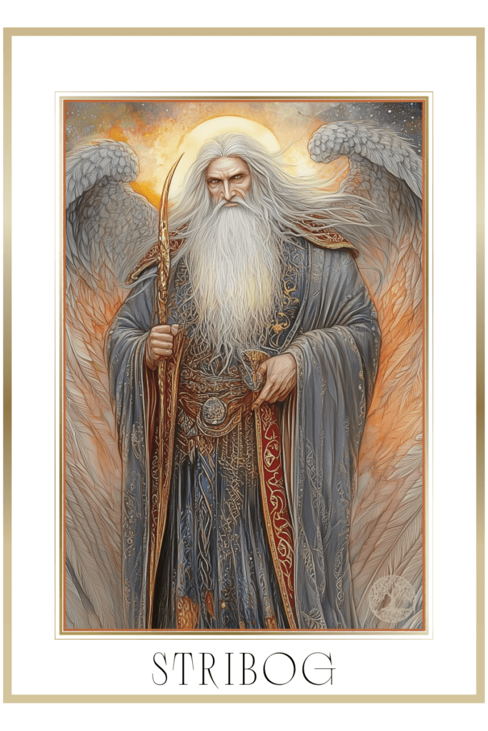 Illustration of Stribog, the Slavic God of Wind and Storms, depicted as an elderly, imposing figure with a long white beard, large wings, and a flowing dark robe adorned with intricate patterns. He holds a staff and stands against a backdrop of swirling clouds and cosmic elements, symbolizing his command over the air and storms.