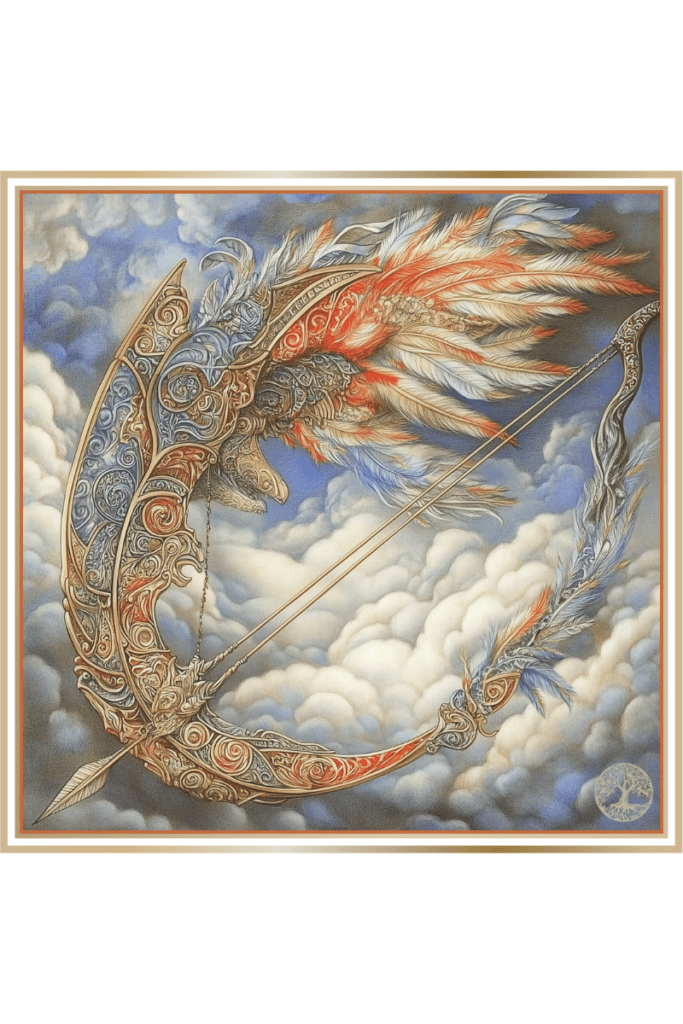 Intricately designed bow with feathered accents symbolizing Stribog, the Slavic God of Wind and Storms, set against a backdrop of swirling clouds. The bow's ornate patterns and vibrant colors represent the deity's control over the elements.