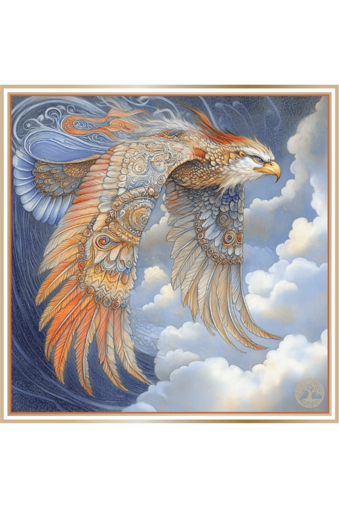 Majestic bird with intricately patterned feathers symbolizing Stratim, the sacred bird associated with Stribog, the Slavic God of Wind and Storms, soaring through a cloudy sky.