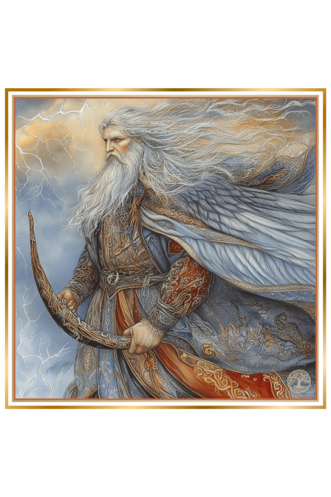 Illustration of Stribog, the Slavic God of Wind and Storms, portrayed as an elderly figure with long white hair and beard. He wears intricately detailed robes and holds a bow, with large wings extending behind him. Lightning and swirling winds surround him, emphasizing his dominion over the elements.