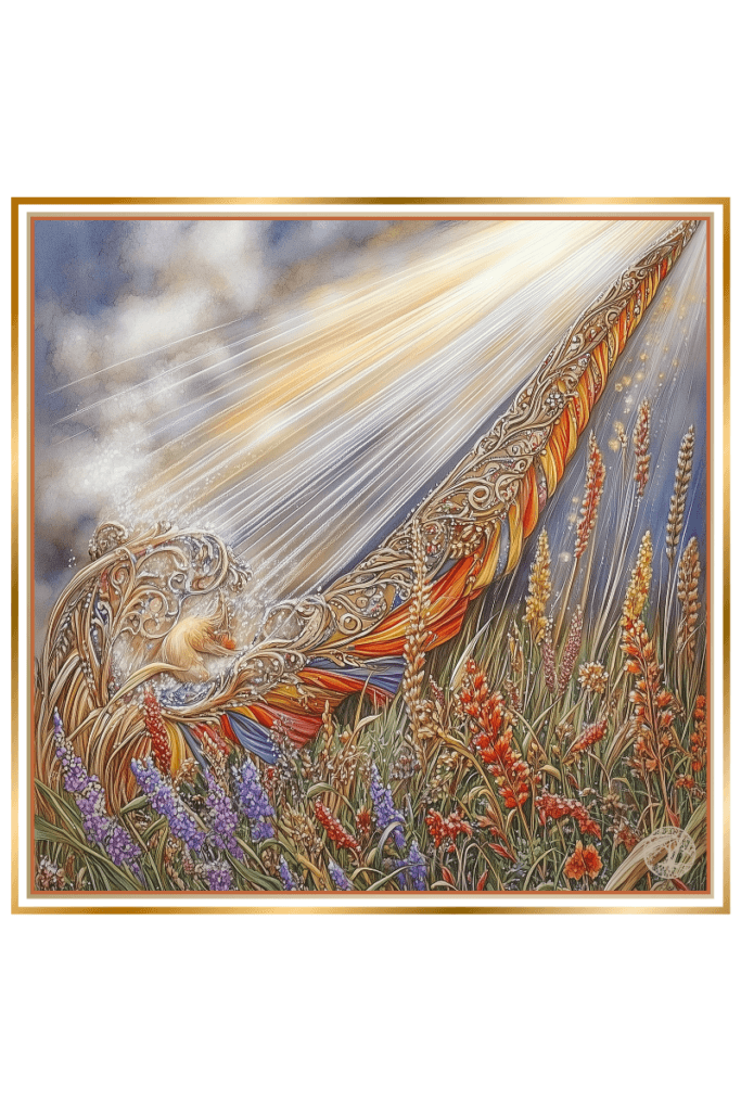 Ornate bow symbolizing Stribog, the Slavic God of Wind and Storms, depicted in a vibrant field of flowers with rays of light streaming from the bow, representing the divine power of wind and air. The intricate design of the bow reflects Slavic artistry and mythology.