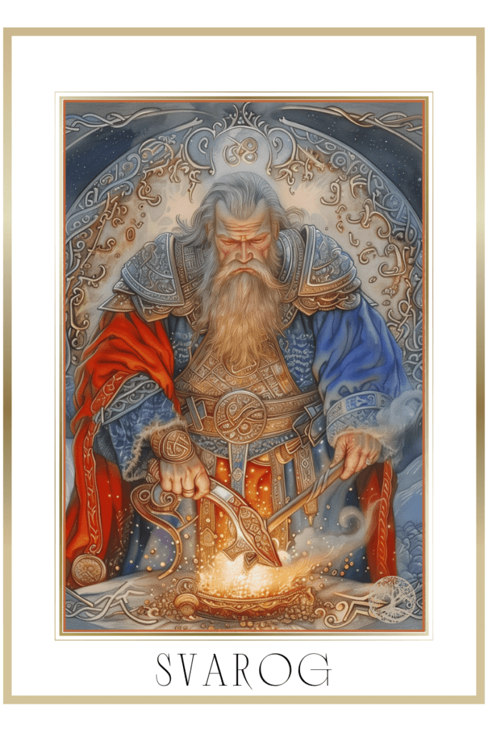 Depiction of Svarog, the Slavic deity, as a serene elder and powerful blacksmith holding a hammer in a celestial forge, with symbols of the sun and cosmic order.