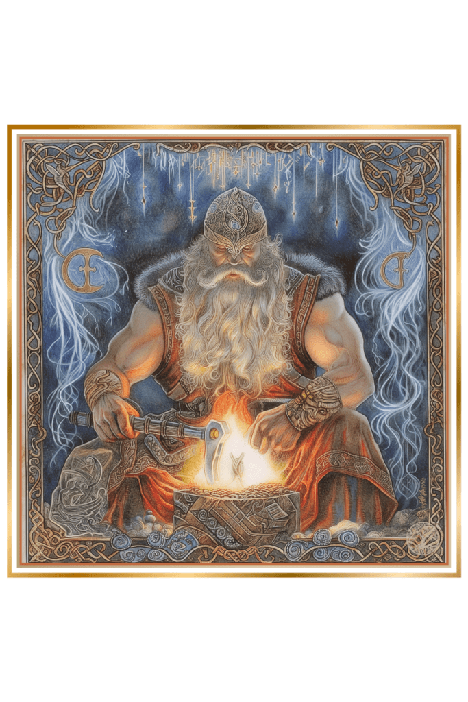 Depiction of Svarog Slavic God, as a serene elder and powerful blacksmith holding a hammer in a celestial forge, with symbols of the sun and cosmic order.