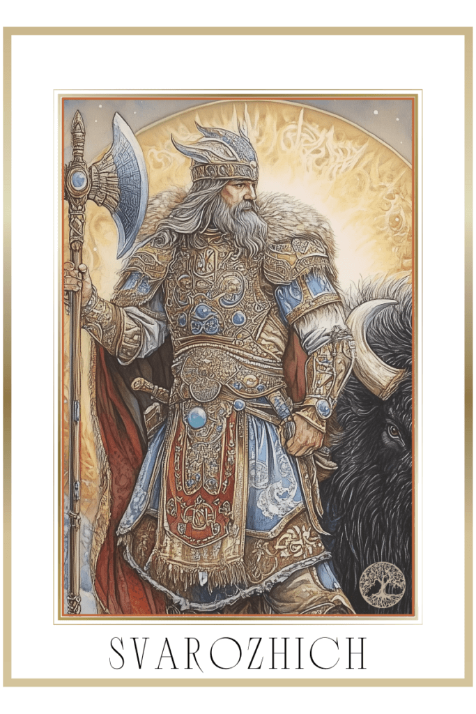 An image of Svarozhich, the Slavic deity of fire and the sun, depicted in ornate armor, holding a double-edged axe. A black bison stands beside him, symbolizing strength. The scene is set in a wintery landscape with a glowing sun behind him.