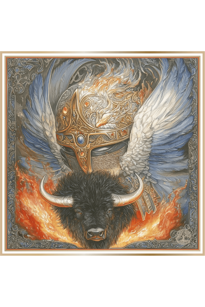 An image depicting the symbolic elements of Svarozhich, the Slavic god of fire and the sun. A golden helmet with intricate designs, adorned with wings and a fiery motif, dominates the scene. Below the helmet, a black bison stands strong, with flames surrounding the image.