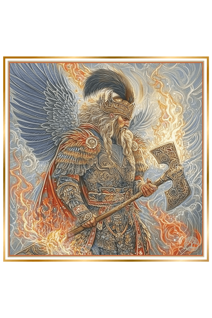 An image of Svarozhich, the Slavic god of fire and the sun, depicted in ornate armor with wings. He holds a large double-edged axe engulfed in flames, with fiery and mystical energy surrounding him.