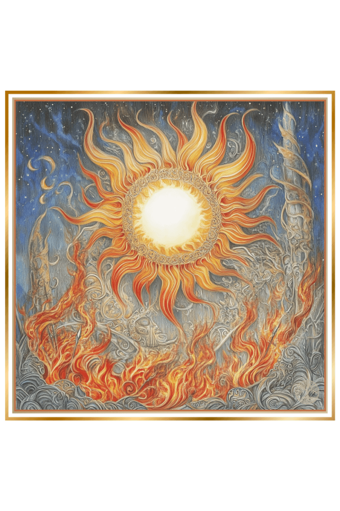 An image depicting the symbolic sun of Svarozhich, the Slavic god of fire and the sun. The central sun is surrounded by intricate, fiery tendrils, with flames rising from the ground below, all against a starry night sky.