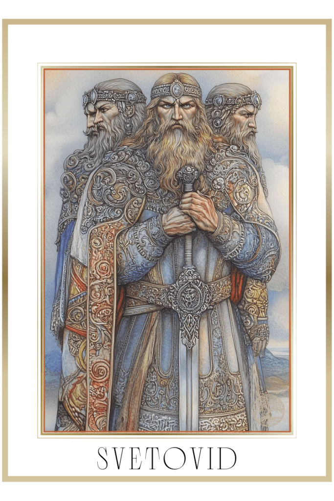 Svetovid as a powerful warrior with four faces, holding a sword and wearing ornate armor