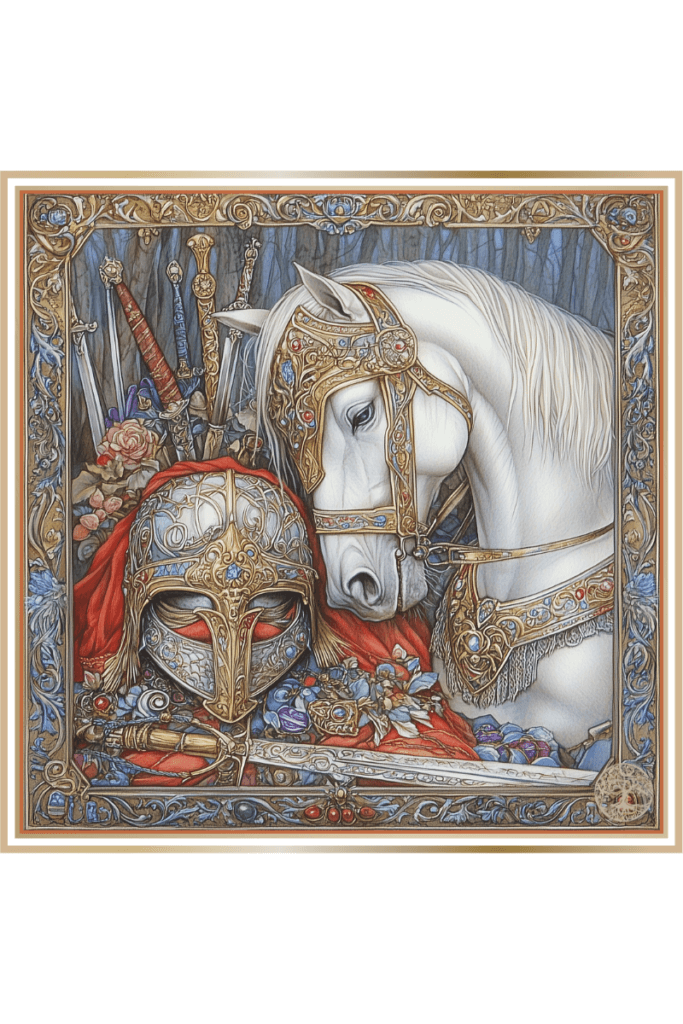 Svetovid's sacred white horse adorned with elaborate armor and surrounded by swords