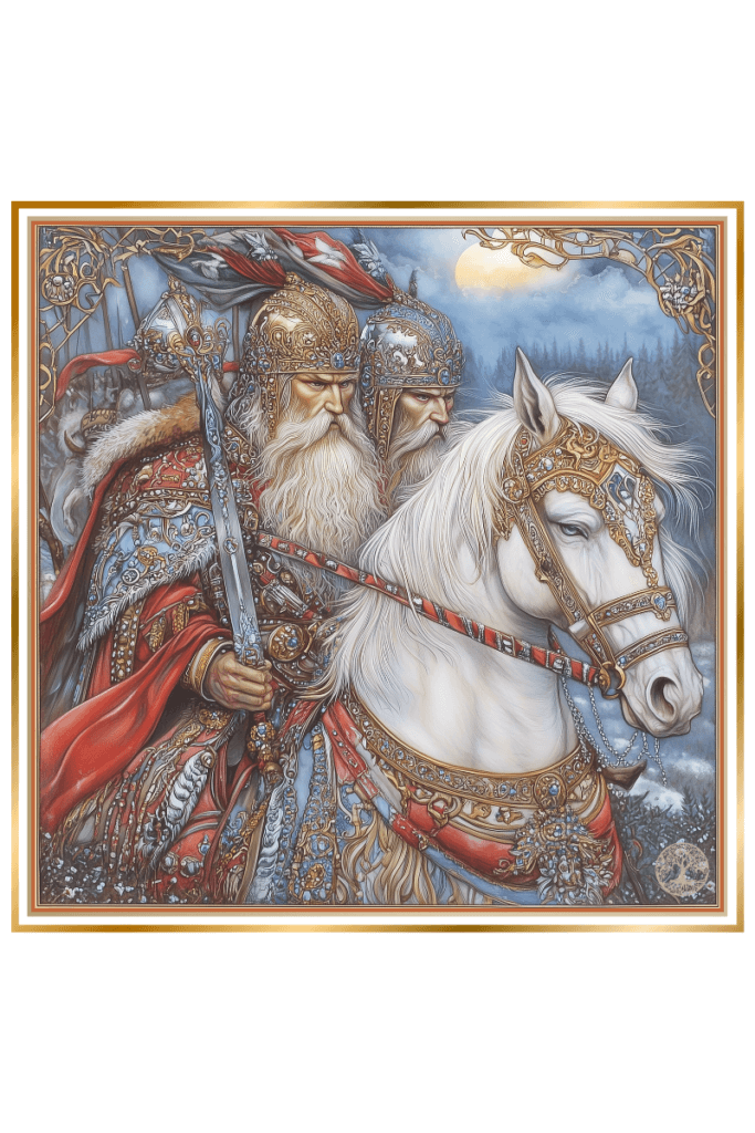 Svetovid as a warrior on a white horse, leading an army with banners