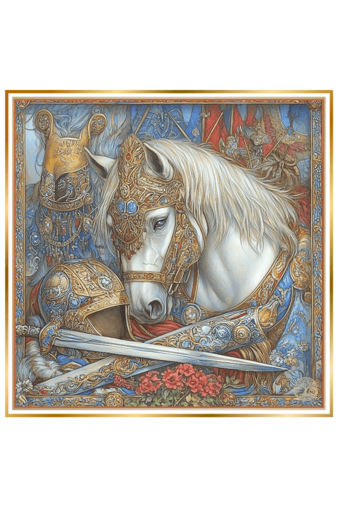 Ornate armor and sacred white horse of Svetovid, surrounded by flowers and battle gear