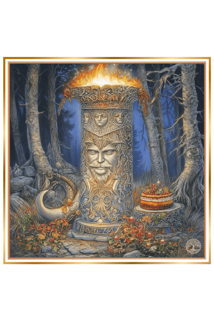 Ornate pillar statue of Svetovid with four faces, surrounded by sacred objects in a mystical forest.