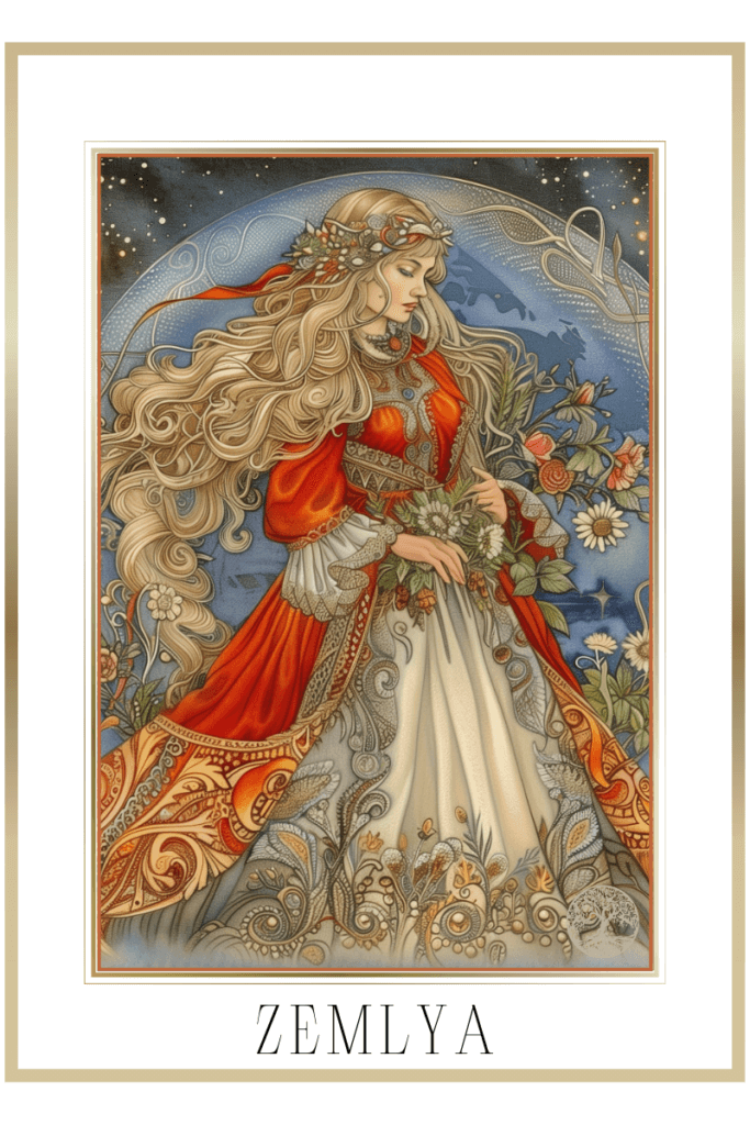 Illustration of the Slavic goddess Zemlya in a detailed, traditional dress adorned with intricate patterns. She holds a bouquet of flowers, with long flowing hair and a floral crown. A celestial background with stars and moons frames her, symbolizing her connection to nature and the cosmos.