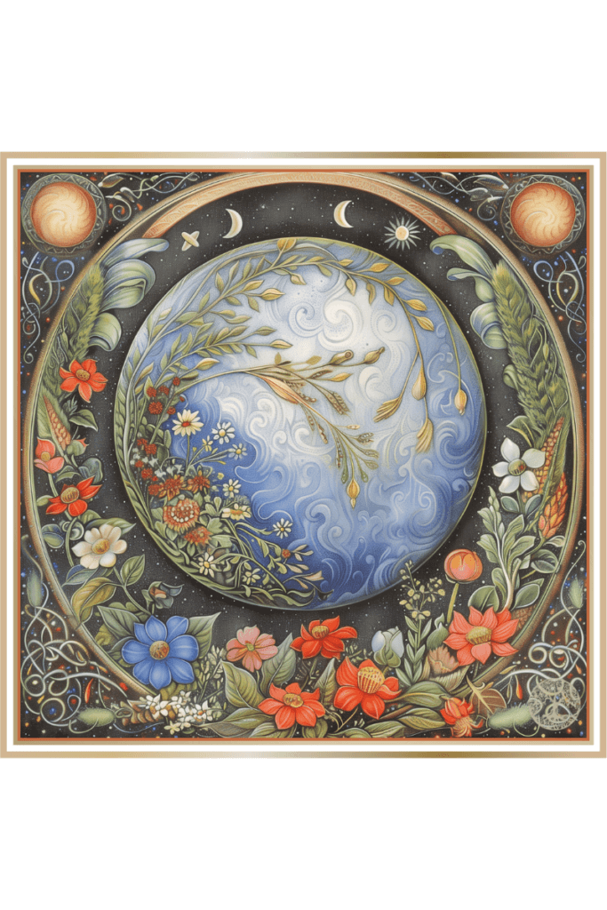 Illustration of Zemlya symbology featuring a beautifully decorated globe surrounded by vibrant flowers, leaves, and celestial elements, representing the connection between earth, nature, and the cosmos.