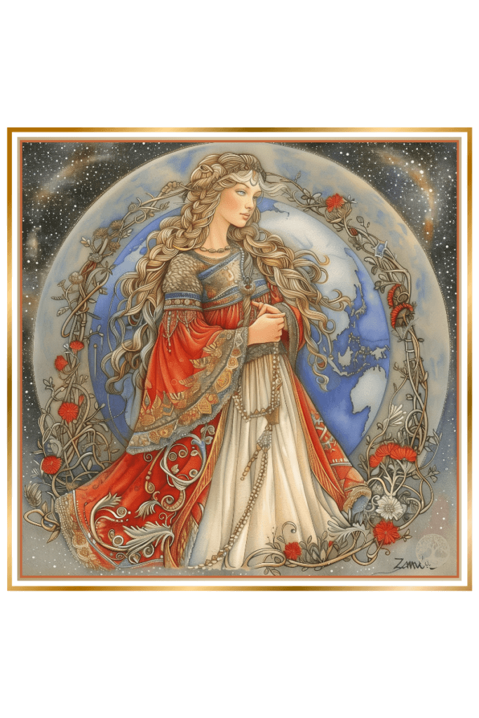 Illustration of Zemlya, the Slavic Earth Goddess, wearing a richly decorated traditional dress with intricate patterns. She has long, flowing hair and a floral crown. The background features a globe and celestial elements, symbolizing her connection to the earth and cosmos.