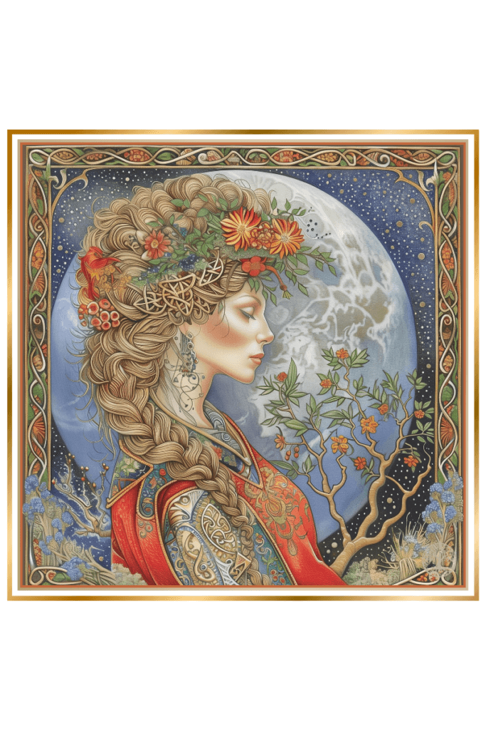 Illustration of Zemlya, the Slavic Earth Goddess, in profile with intricate braids and a floral crown, set against a celestial background. Surrounding her are symbols of nature, including branches and flowers, representing her connection to the earth and cosmos.