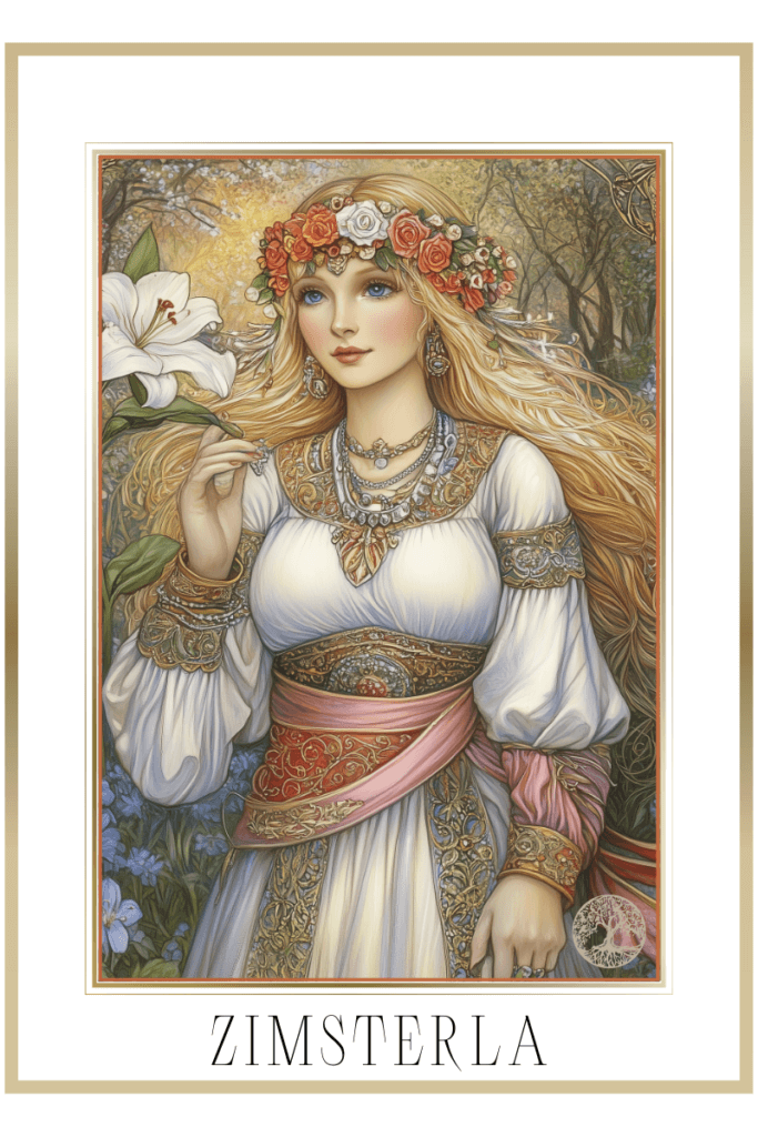 A detailed depiction of Zimsterla, the Slavic goddess of spring, holding a white lily and wearing a white dress with a pink and gold belt, a rose wreath on her head, standing in a lush, blooming forest.