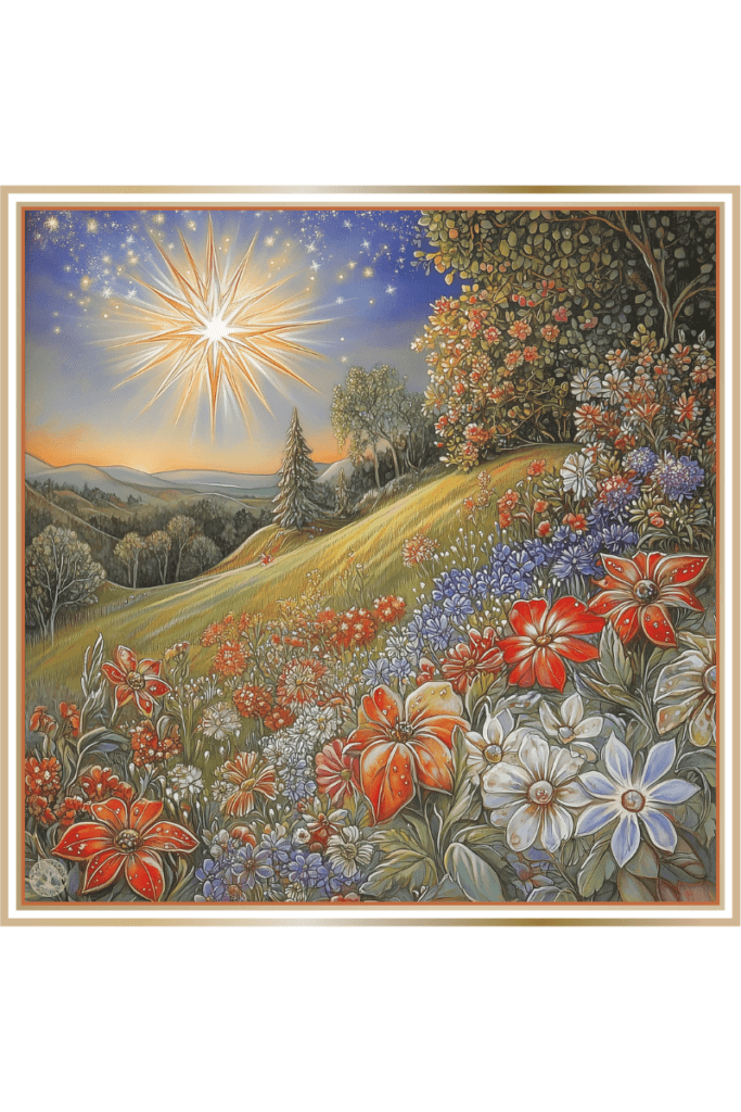 An enchanting landscape at dawn with a bright Morning Star shining above a meadow filled with vibrant spring flowers, symbolizing the Slavic goddess Zimsterla.