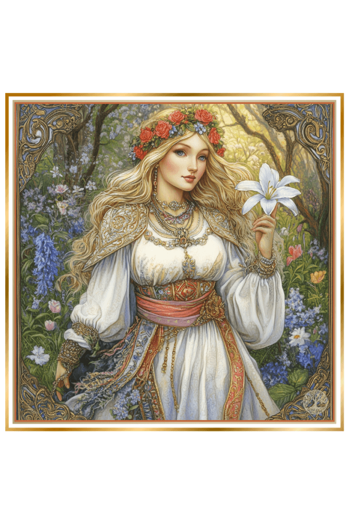 A beautiful depiction of Zimsterla, the Slavic goddess of spring, holding a white lily and wearing a white dress with a pink belt and a rose wreath, standing in a lush, flower-filled forest.