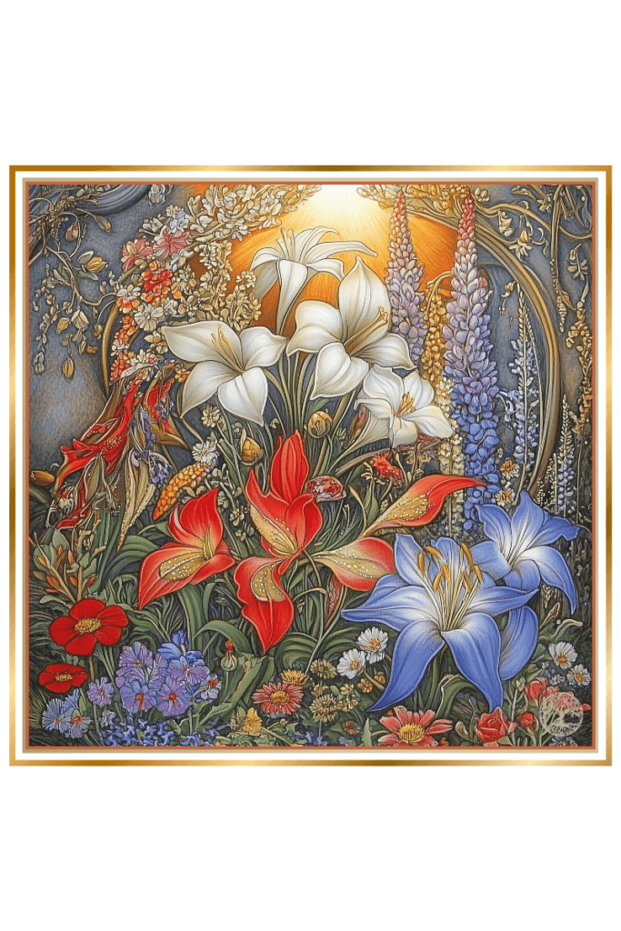 A vibrant, detailed illustration of various blooming flowers under the soft glow of the Morning Star, symbolizing the Slavic goddess Zimsterla's connection to spring and renewal.