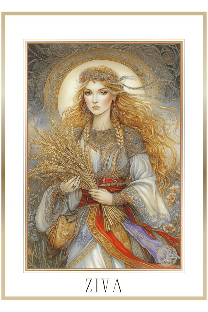 A detailed illustration of the Slavic goddess Ziva holding a bundle of wheat, symbolizing fertility and abundance, surrounded by wildflowers in a mystical field. Živa has golden hair and wears ornate traditional Slavic clothing.