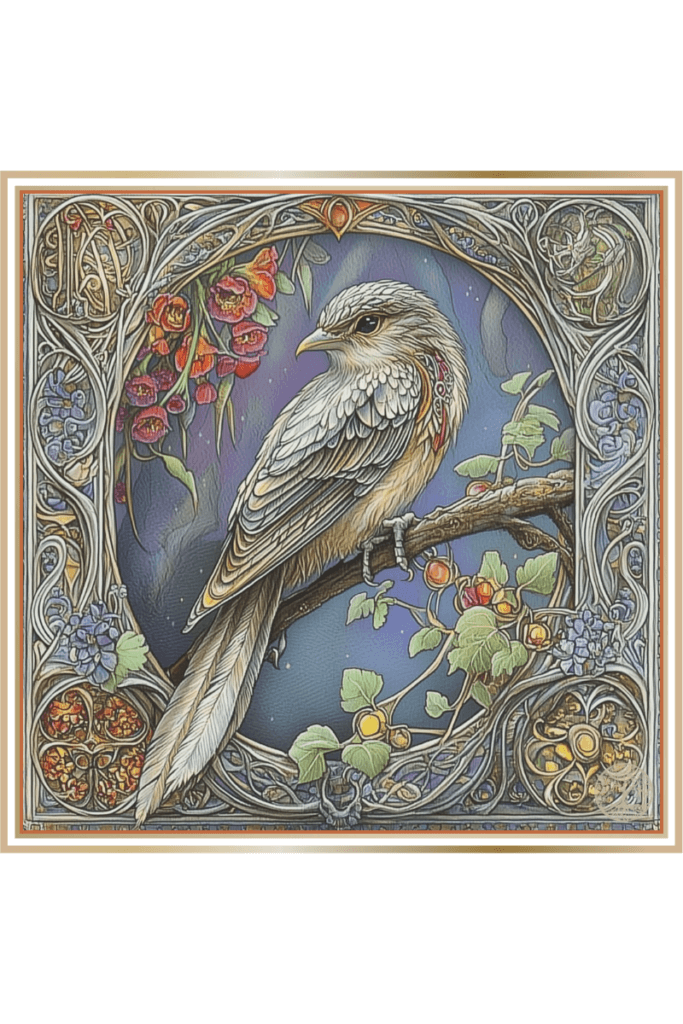 An intricately detailed illustration of a cuckoo bird perched on a branch, surrounded by vibrant flowers and framed by ornate Slavic-inspired patterns. The bird symbolizes the Slavic goddess Ziva.