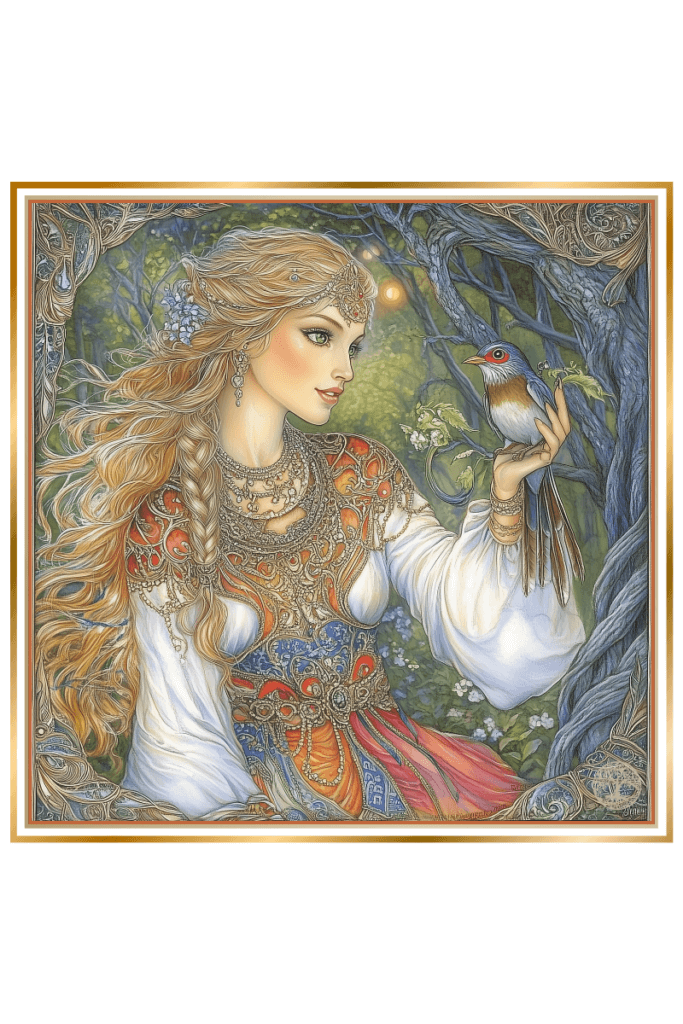 A depiction of Slavic goddess Živa holding a cuckoo bird in a lush forest setting. Živa is shown with golden hair, green eyes, and adorned in intricate jewelry and an ornate dress.