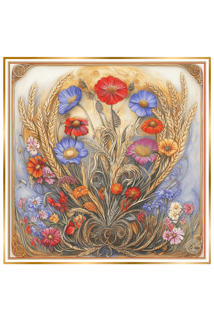 An ornate illustration featuring a vibrant bouquet of wheat and colorful wildflowers, symbolizing the Slavic goddess Ziva’s connection to fertility, abundance, and the natural world.