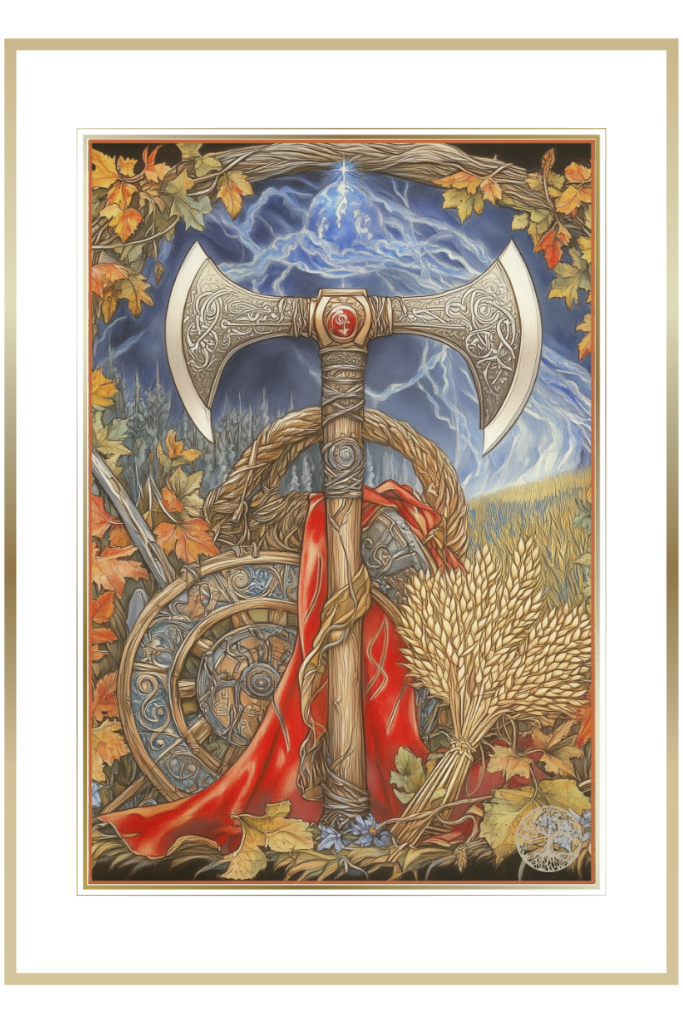 A mystical illustration featuring symbols of ancient Slavic deities, including a double-headed axe, a shield with intricate designs, wheat stalks, and a red cloth, framed by autumn leaves and lightning in the background.