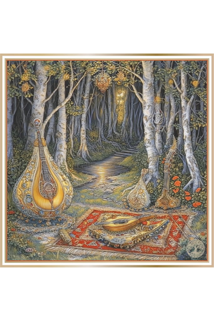 Golden musical instruments in a forest clearing by the river, glowing with mystical light.