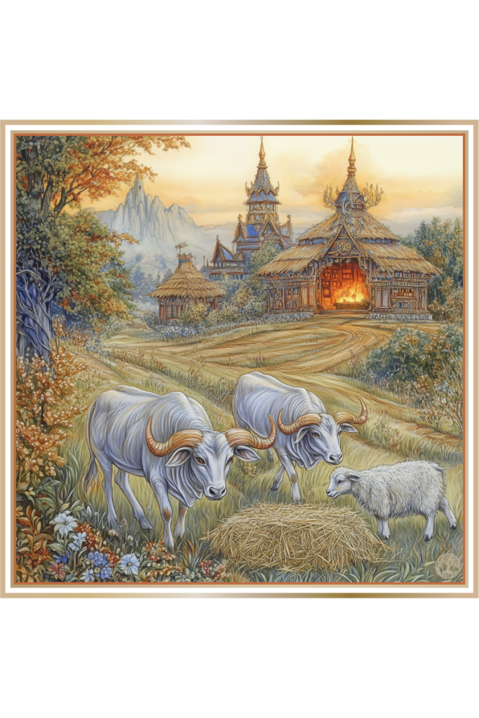 Horned cows and a sheep grazing in a peaceful pasture with a barn and glowing hearth fire in the background.