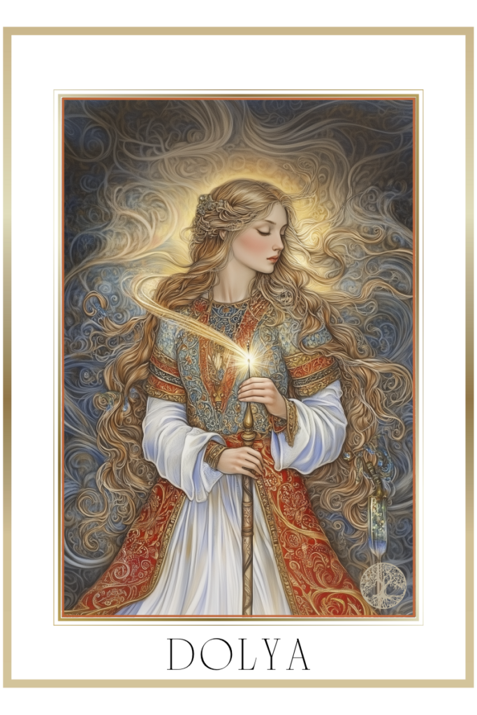 Illustration of Dolya, the Slavic goddess of fate, holding a glowing spindle.