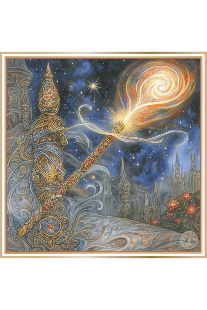 Ornate cosmic spindle with glowing thread symbolizing fate, against a starry night sky