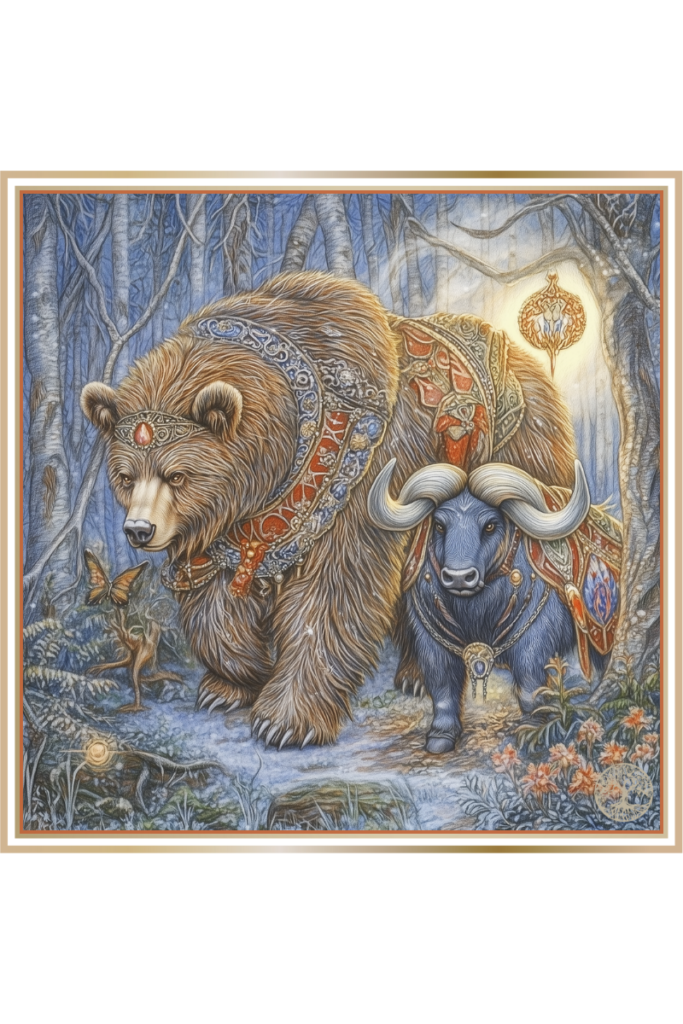 Bear and ox adorned with ornate garments, symbolizing Dolya’s sacred animals in a mystical forest.