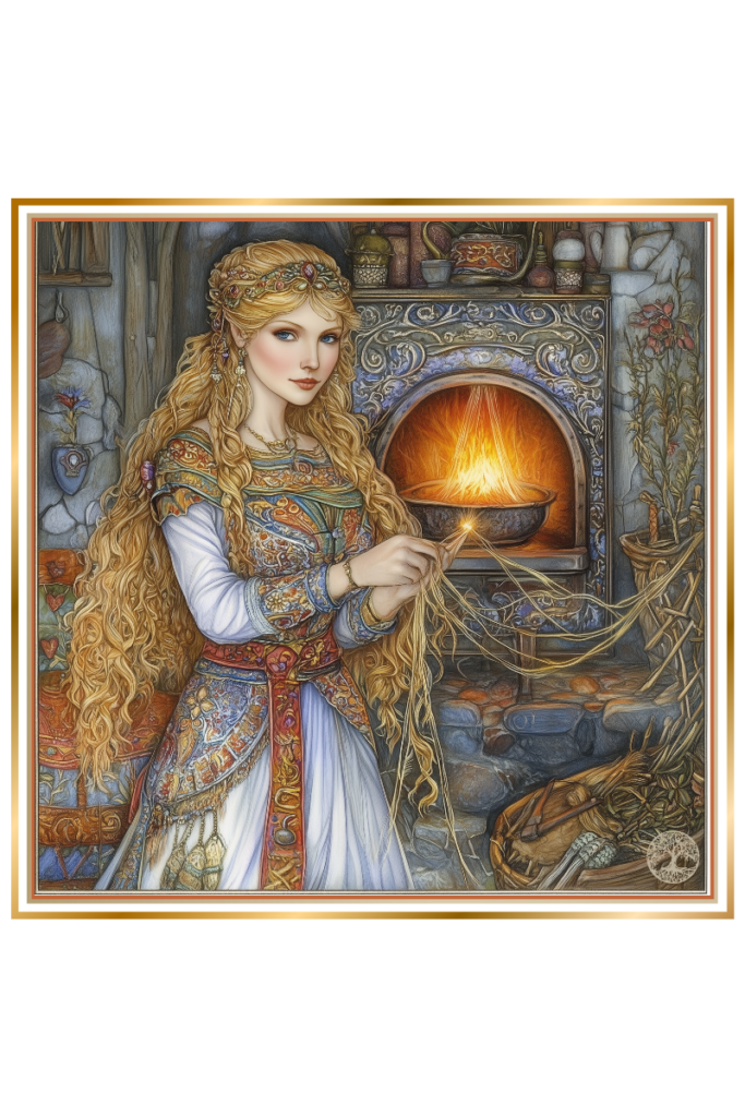 Illustration of Dolya spinning the golden thread of fate beside a hearth.