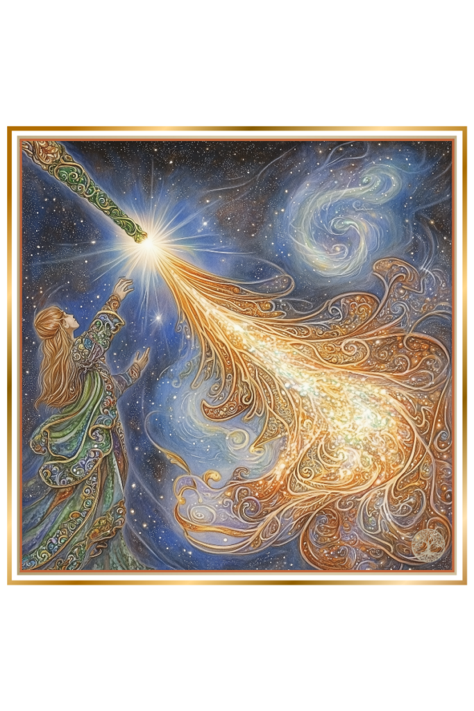 Cosmic burst of golden light symbolizing Dolya’s thread of fate in the universe.