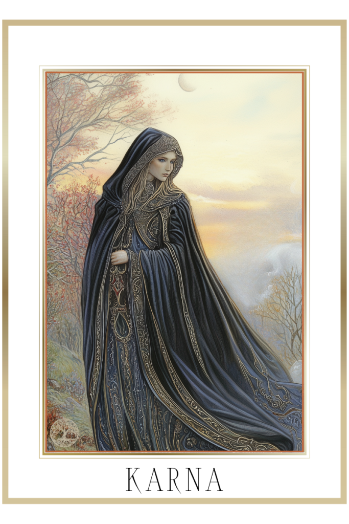 Karna, the Slavic goddess of mourning, in black robes walking through a smoke of battlefield