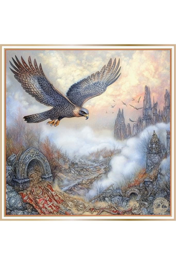 Falcon soaring over a battlefield with ruins and fallen warriors, symbolizing Karna's mourning rituals in Slavic mythology.