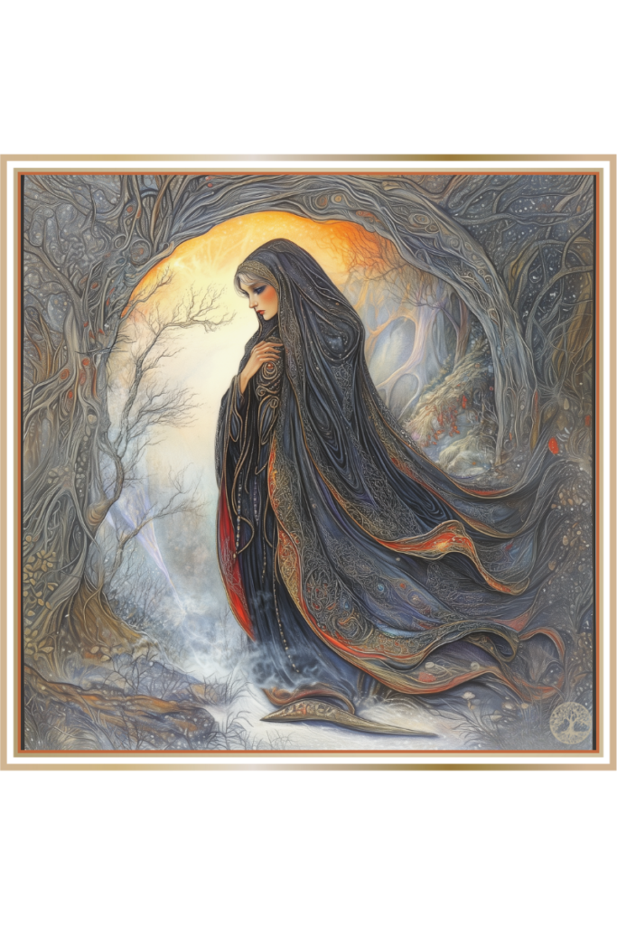 Karna, the Slavic goddess of mourning, standing at the mystical entrance to the afterlife realm of Virey.