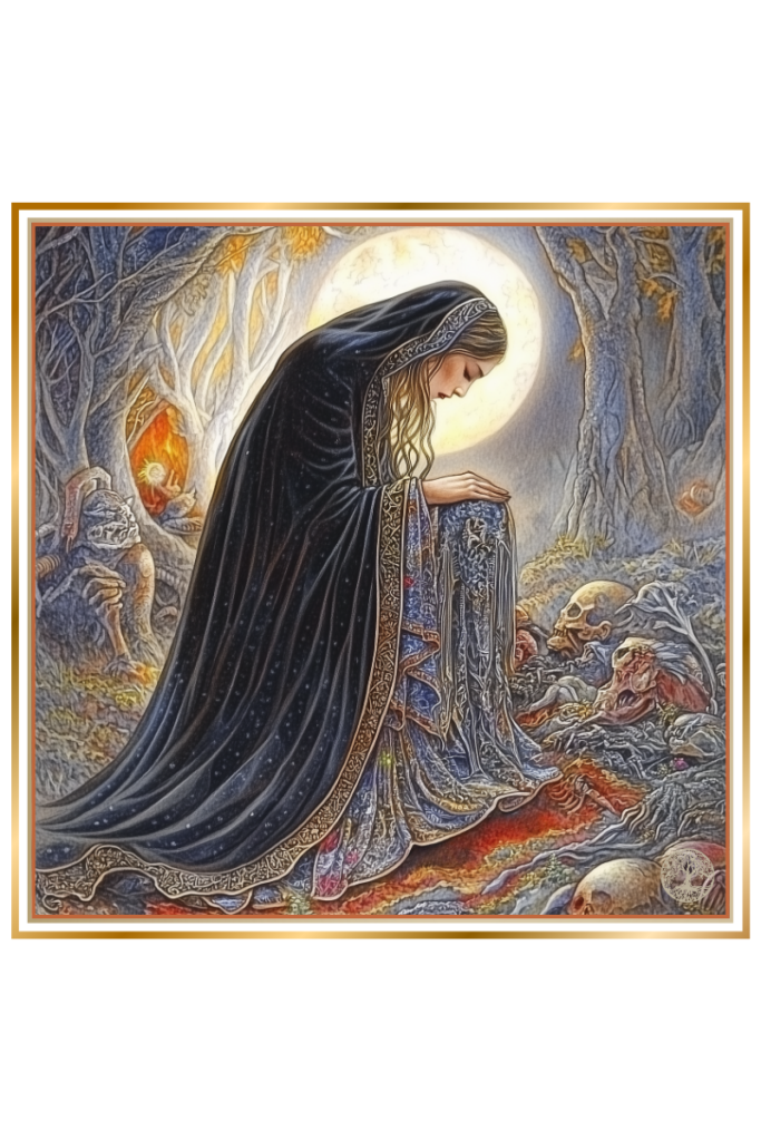 Karna, the Slavic goddess of mourning, lamenting the fallen warriors after battle, surrounded by skulls and skeletal remains under a full moon.