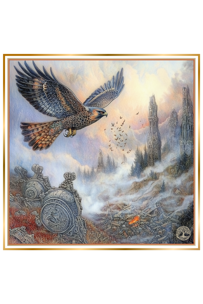 Falcon soaring over a desolate battlefield with fallen shields, symbolizing Karna's role in mourning fallen warriors in Slavic mythology.